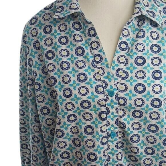 Jones New York Button Down Shirt Womens Size XL Signature Blue Geometric Floral - Picture 2 of 6